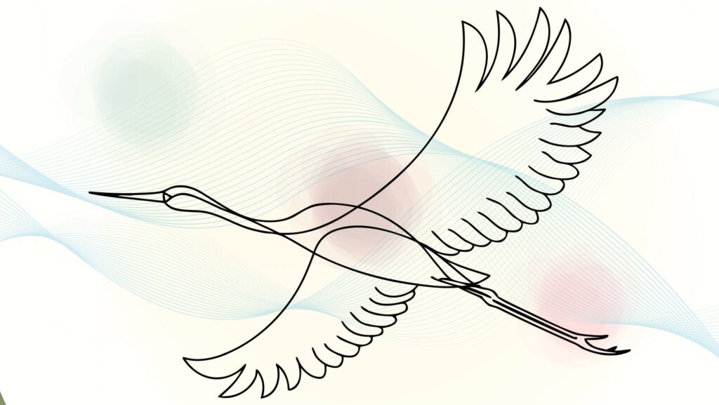 Die Zeichnung eines Kranichs im Flug.