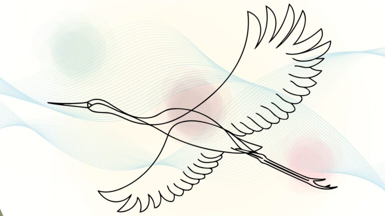 Die Zeichnung eines Kranichs im Flug.